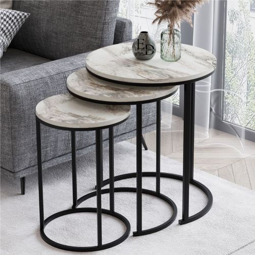 Tables Gigognes Paris Rondes Effet Marbre Blanc - Set De 3 Tables Basses Modernes - Pieds Metal Noir Elegant