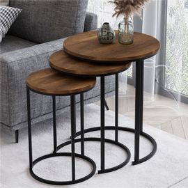 Tables Gigognes Paris Rondes Bois Fonce - Set De 3 Tables Basses Design Industriel - Pieds Metal Noir