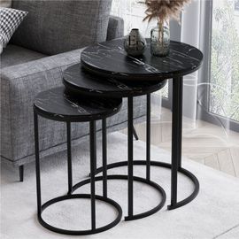 Tables Gigognes Paris Rondes Effet Marbre Noir - Set De 3 Tables Basses Design - Pieds Metal Noir Style Moderne