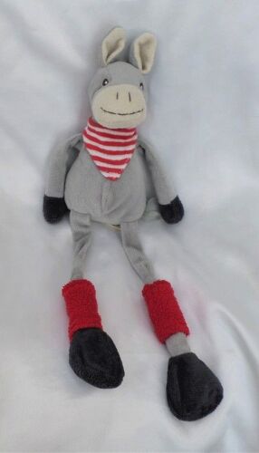 Doudou Peluche Ane Cheval Gris Foulard Rayures Rouge Blanc Les Petites Marie