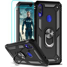 Coque De Protection Pour Xiaomi Redmi Note 7/7 Pro Avec 2 Verres Trempés, Double Couche Renforcée Antichoc, Anneau Support Rotatif 360° Compatible Support Magnétique (Noir)
