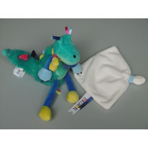 Doudou crocodile bleu vert jaune mouchoir Doudou et Compagnie