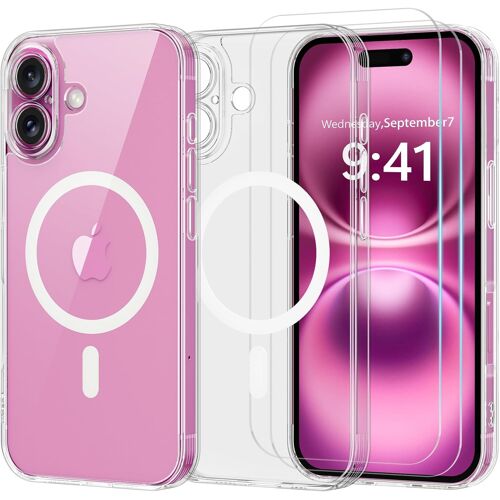 NSIECD-Coque Magnétique pour iPhone 16 avec 2 Verre Trempé, [Protection Caméra] Compatible avec MagSafe, Protection Militaire Étui Hybrid Antichoc Dos Anti-Rayures Housse, Transparente