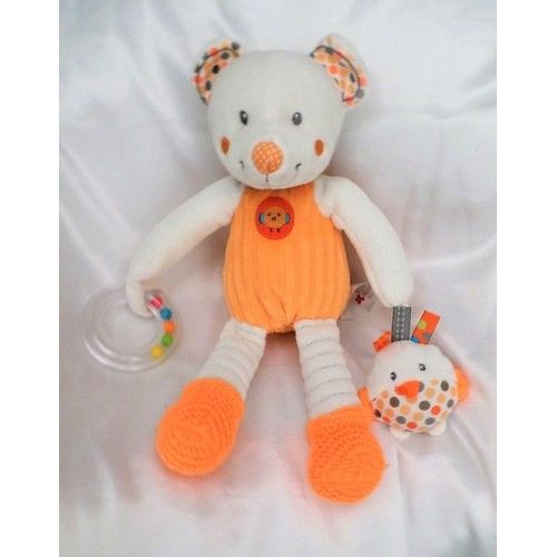 Doudou Peluche Ours Blanc Et Orange Activités d'Eveil Oiseau et Anneau Nicotoy