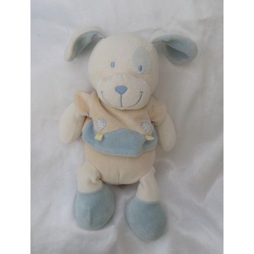 Doudou Peluche Chien Ecru Beige Broderie Coeur Coquard Bleu Nicotoy