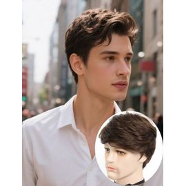 Perruque Synthétique Homme Brun Foncé Lisses Courte Coiffé Sur Le Côté +1 Bonnet 