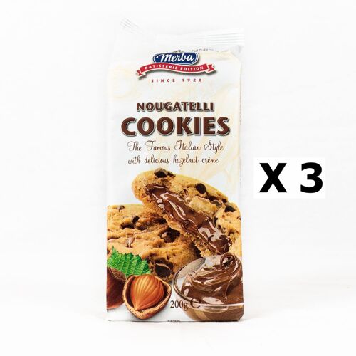 Lot 3x Cookies Pépite Chocolat Fourrage Noisette - Merba Nougatelli - Paquet 200g