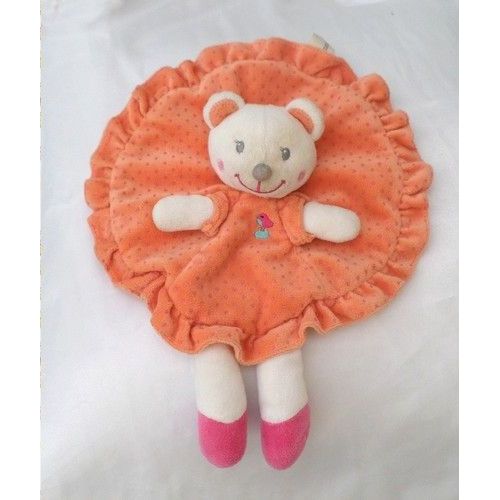Doudou Plat Rond Ours Blanc Orange Pois Rose Oiseau Nicotoy