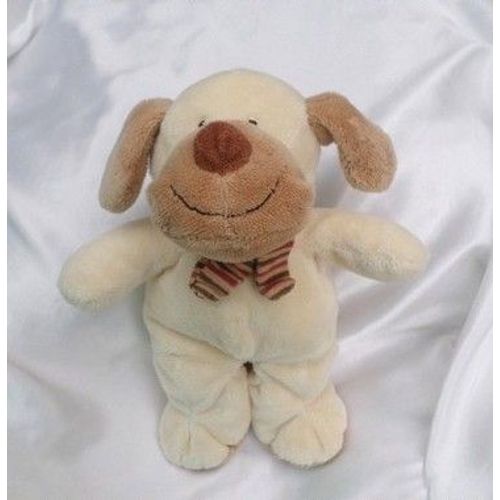 Doudou Peluche Chien Ecru Beige Echarpe Rayures Marron Rouge Nicotoy