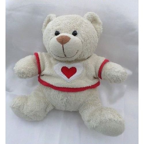 Doudou Peluche Ours Assis Crème Pull Coeur Rouge Nicotoy