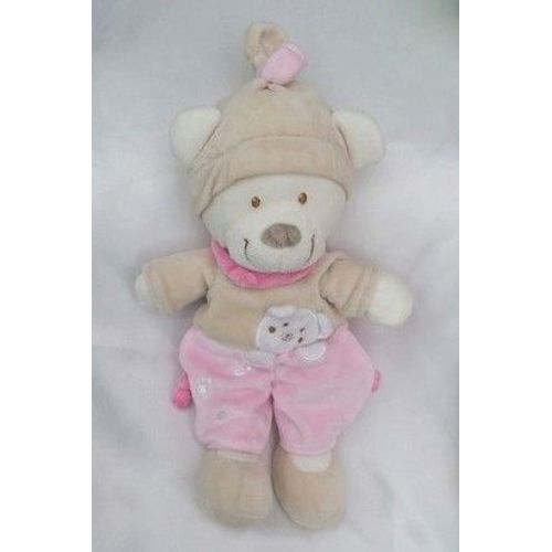 Doudou Peluche Ours Rose Blanc Beige Empreintes Nicotoy
