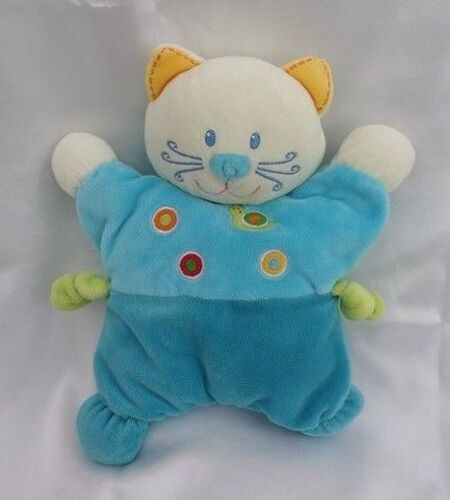 Doudou Peluche Chat Blanc Semi-Plat Bleu Escargot Ronds Nicotoy