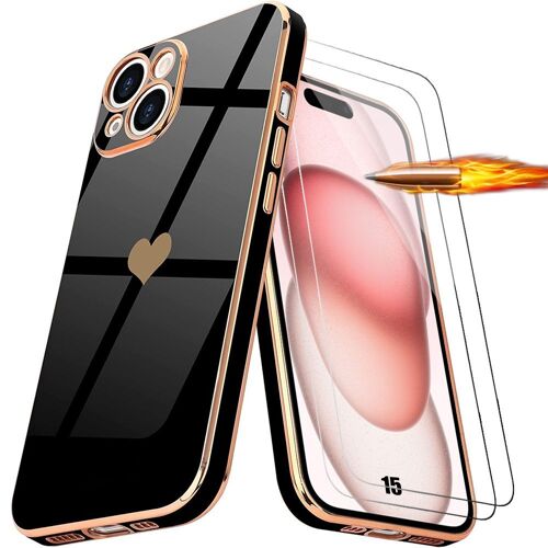Coque Silicone Noir pour iPhone 15 avec Motif Coeur + 2 Verres Trempés Protection Transparent - E.F.Connection