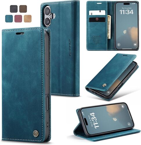 SJZG-Coque Pour Iphone 16 Pochette 6.10 Pouces, Etui Protection Housse Premium En Cuir Pu, Etui À Rabat Pochette De Portefeuille Étui Pour Iphone 16 Case, Bleu Vert
