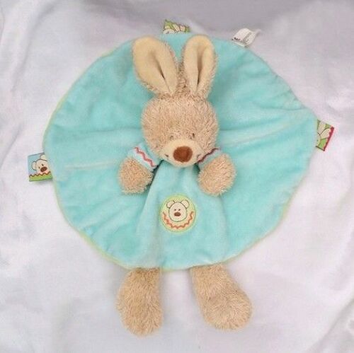 Doudou Peluche Lapin Beige Plat Rond Bleu Capuche Broderie Tête D'Ours Nicotoy