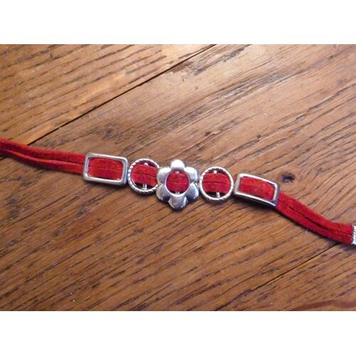 Bracelet En Daim Rouge Et Métal Argenté- Neuf