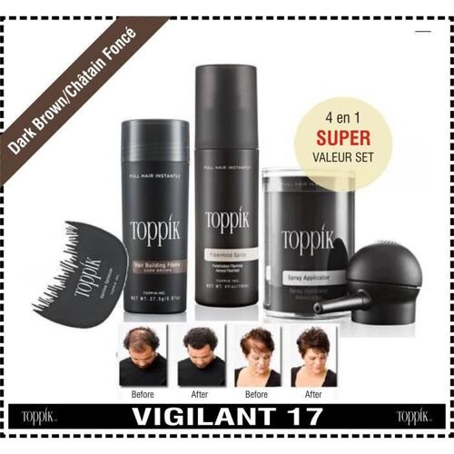 Toppik Kit Complete Fiber Kératine Poudre Densifiante Pour Cheveux Avec Pompe Châtain Foncé 