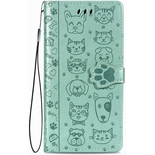 Coque pour Xiaomi Redmi 12C, Antichoc Portefeuille etui Housse en Cuir a Rabat avec Porte Carte, Chiusura Magnetica [Motif de Chat Chien] Flip Cover Case pour Redmi 12C, Vert