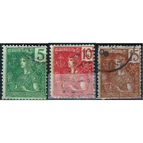 Indochine (Actuel Vietnam), Colonie Française 1904 / 1906, Beaux Timbres Type Grasset Yvert 27 28 29, 5c. Vert, 10c. Rouge Et 15c. Brun Sur Azuré, Oblitérés, Tbe.