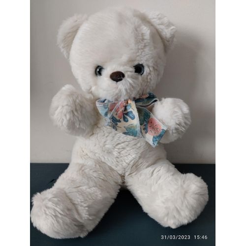 vintage ours blanc-crème yeux bleus noeud fleuri Nounours Made in France