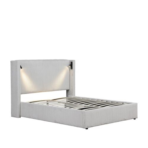 Lit Double En Velours Côtelé Avec Coffre Et Lampe Intégré "Cortina" - 140 X 190 Cm- Beige