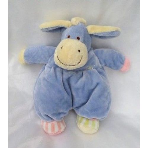 Doudou Peluche Ane Bleu Et Ecru Broderie Abc Pieds Rayures Grelot Kimbaloo