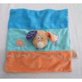 Doudou Peluche Plat Carré Chien Orange Bleu Voiture Doukidou
