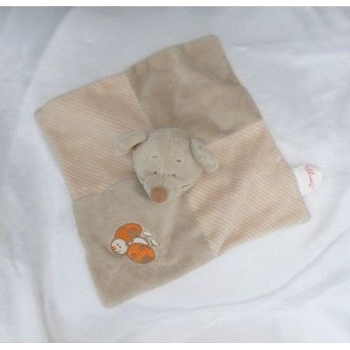 Doudou Peluche Plat Carré Souris Beige Rayures Coccinelle Bengy