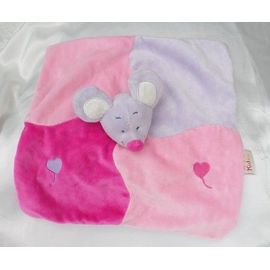 Doudou Peluche Plat Carré Souris Rose Fushia Mauve Broderie Coeur Doukidou
