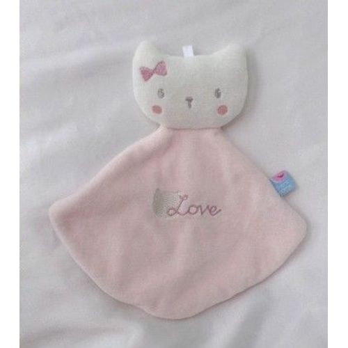Doudou Peluche Plat Chat Rose Et Blanc Love Sucre D'Orge