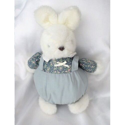 Doudou Peluche Lapin Blanc Boule Salopette Gris Haut Fleurs Socojou