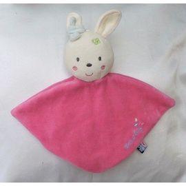 Doudou Peluche Lapin Blanc Plat Triangle Rose Noeud Bleu Sucre D'Orge