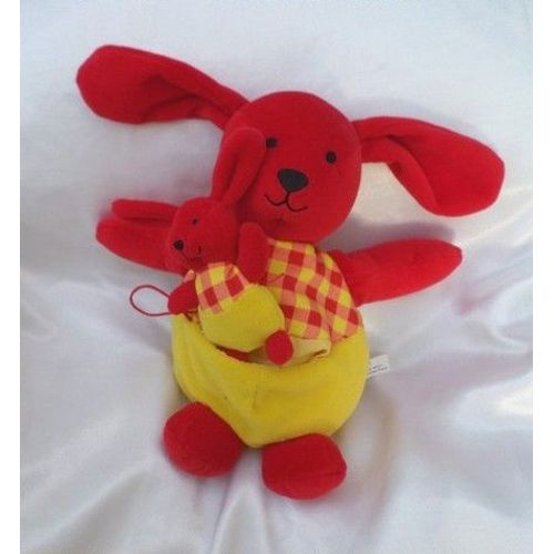 Doudou Peluche Lapin Et Son Bébé Jaune Rouge Berchet