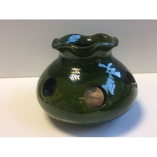 Ancien Vase Pot à Bulbes ou Brasero Bougeoir Terre Cuite Émaillée Vert Poterie