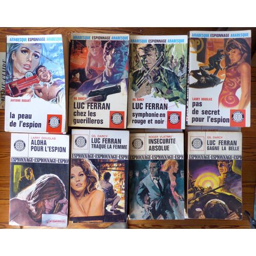 Lot De 107 Romans - Collection Espionnage (Éditions De L'Arabesque 1967-1970) - Par Gil Darcy (Série Luc Ferran), Karol Bor, Roger Vlatimo - Couvertures Illustrées Par Jef De Wulf Et Michel Landi