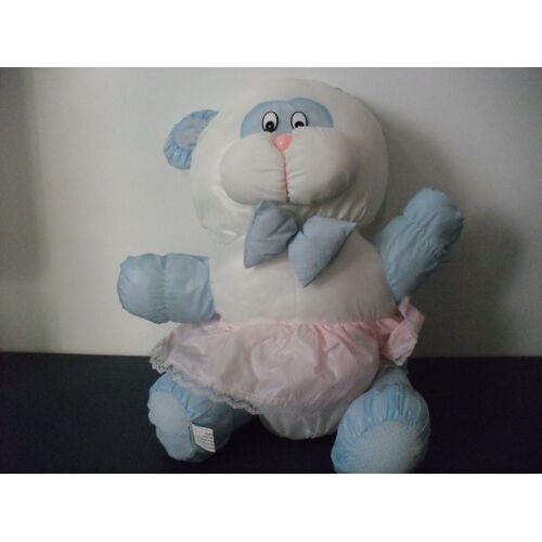 Doudou Ours Style Puffalump Blanc-Bleu-Rose