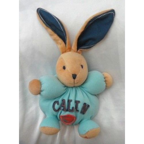 Doudou Peluche Lapin Patapouf Calin Bleu Orange Beige Ecusson Kaloo