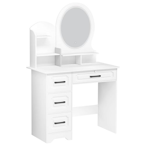 Bureau De Maquillage Avec Miroir, Grand Bureau Avec Étagères De Rangement, 4 Tiroirs, Coiffeuse Avec Lumière, Coiffeuse De Chambre À Coucher