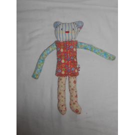 Doudou Chat Patchwork Catimini Multicolore Fleur Rouge Bleu Vert Jaune Blanc Raye Numero 439