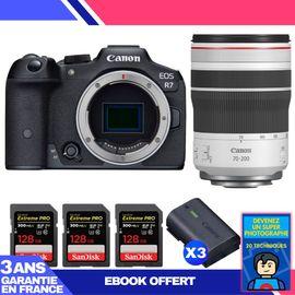 Boitier Canon EOS R7 + RF 70-200mm F4 L IS USM + 3 SanDisk 128GB Extreme PRO UHS-II SDXC 300 MB/s + 3 Canon LP-E6NH + Ebook 'Devenez Un Super Photographe'