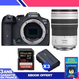 Boitier Canon EOS R7 + RF 70-200mm F4 L IS USM + 1 SanDisk 128GB Extreme PRO UHS-II SDXC 300 MB/s + 3 Canon LP-E6NH + Ebook 'Devenez Un Super Photographe'