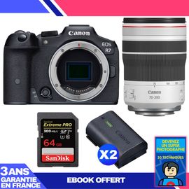 Boitier Canon EOS R7 + RF 70-200mm F4 L IS USM + 1 SanDisk 64GB Extreme PRO UHS-II SDXC 300 MB/s + 2 Canon LP-E6NH + Ebook 'Devenez Un Super Photographe'