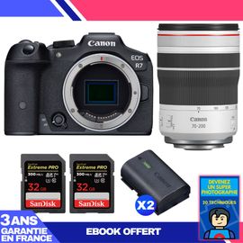 Boitier Canon EOS R7 + RF 70-200mm F4 L IS USM + 2 SanDisk 32GB Extreme PRO UHS-II SDXC 300 MB/s + 2 Canon LP-E6NH + Ebook 'Devenez Un Super Photographe'