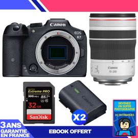 Boitier Canon EOS R7 + RF 70-200mm F4 L IS USM + 1 SanDisk 32GB Extreme PRO UHS-II SDXC 300 MB/s + 2 Canon LP-E6NH + Ebook 'Devenez Un Super Photographe'