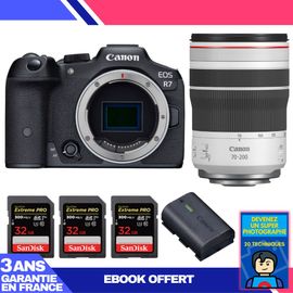 Boitier Canon EOS R7 + RF 70-200mm F4 L IS USM + 3 SanDisk 32GB Extreme PRO UHS-II SDXC 300 MB/s + 1 Canon LP-E6NH + Ebook 'Devenez Un Super Photographe'