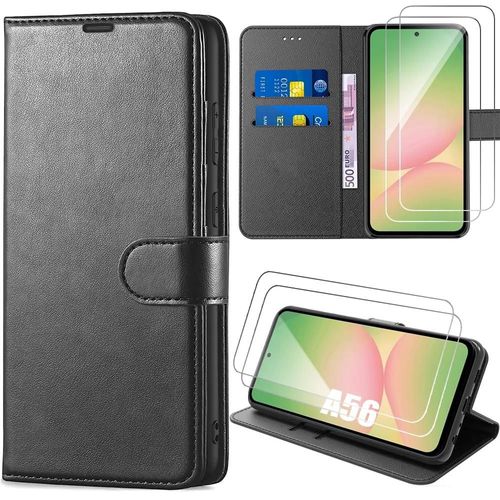 Coque + 2 Verres Trempés pour Samsung Galaxy A56 5G, Protection Effet Cuir Noir Fermeture Magnétique - E.F.Connection