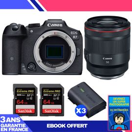Boitier Canon EOS R7 + RF 50mm F1.2 L USM + 2 SanDisk 64GB Extreme PRO UHS-II SDXC 300 MB/s + 3 Canon LP-E6NH + Ebook 'Devenez Un Super Photographe'