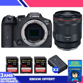Boitier Canon EOS R7 + RF 50mm F1.2 L USM + 3 SanDisk 128GB Extreme PRO UHS-II SDXC 300 MB/s + 2 Canon LP-E6NH + Ebook 'Devenez Un Super Photographe'