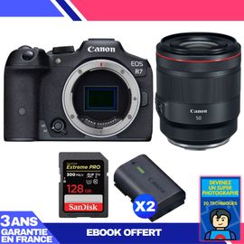 Boitier Canon EOS R7 + RF 50mm F1.2 L USM + 1 SanDisk 128GB Extreme PRO UHS-II SDXC 300 MB/s + 2 Canon LP-E6NH + Ebook 'Devenez Un Super Photographe'