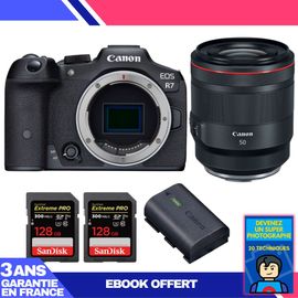 Boitier Canon EOS R7 + RF 50mm F1.2 L USM + 2 SanDisk 128GB Extreme PRO UHS-II SDXC 300 MB/s + 1 Canon LP-E6NH + Ebook 'Devenez Un Super Photographe'